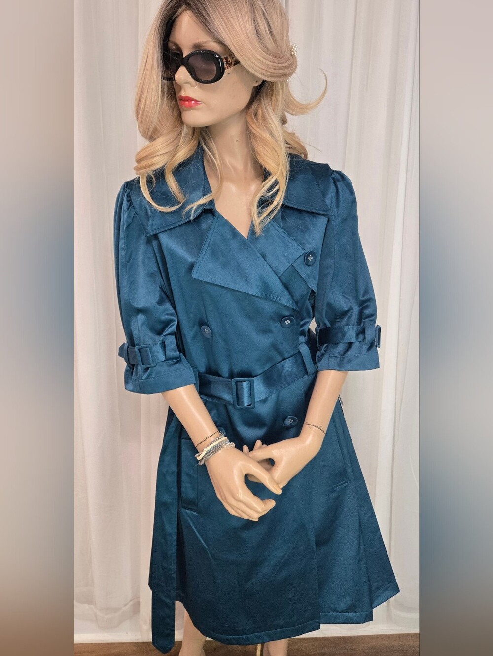 Elle Teal Satin Double-Breasted Trench Coat